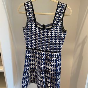 BCBGMaxazria blue, black and white dress